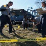 Criminology workers at crime scene